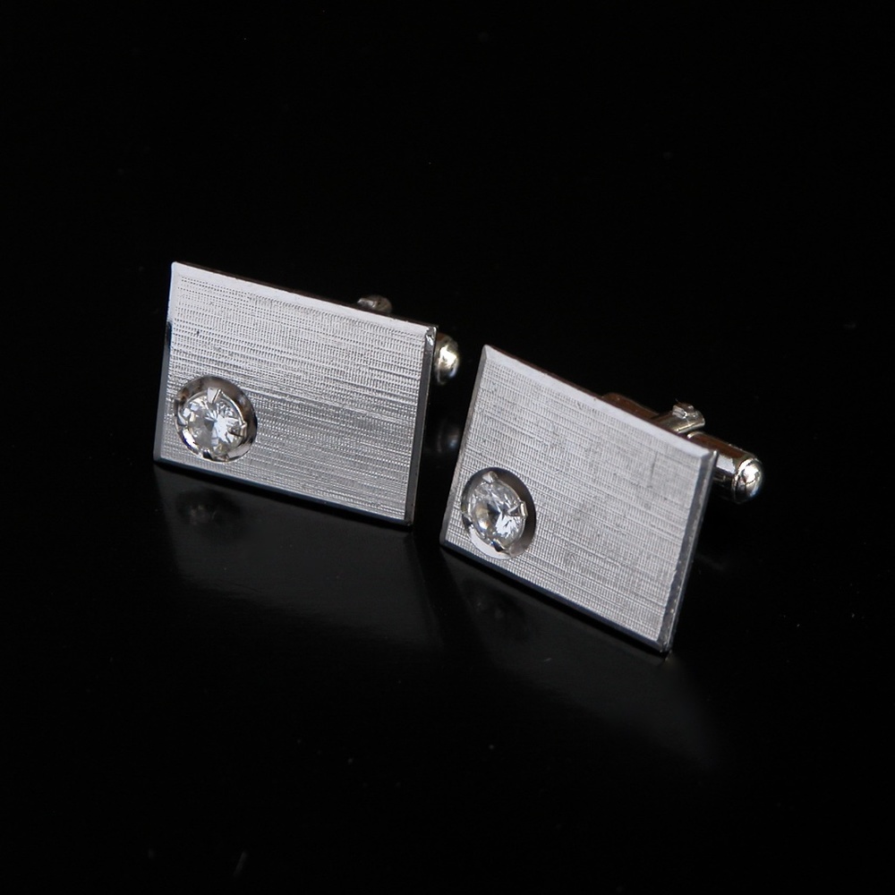 Vtg Rhinestone Jeweled Stone Silver Tone Cufflinks